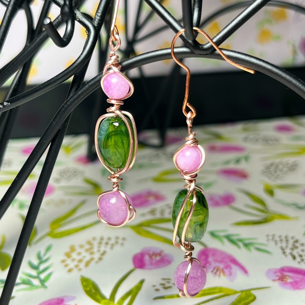 Rose Quartz & Green amethyst glass bead Earrings
